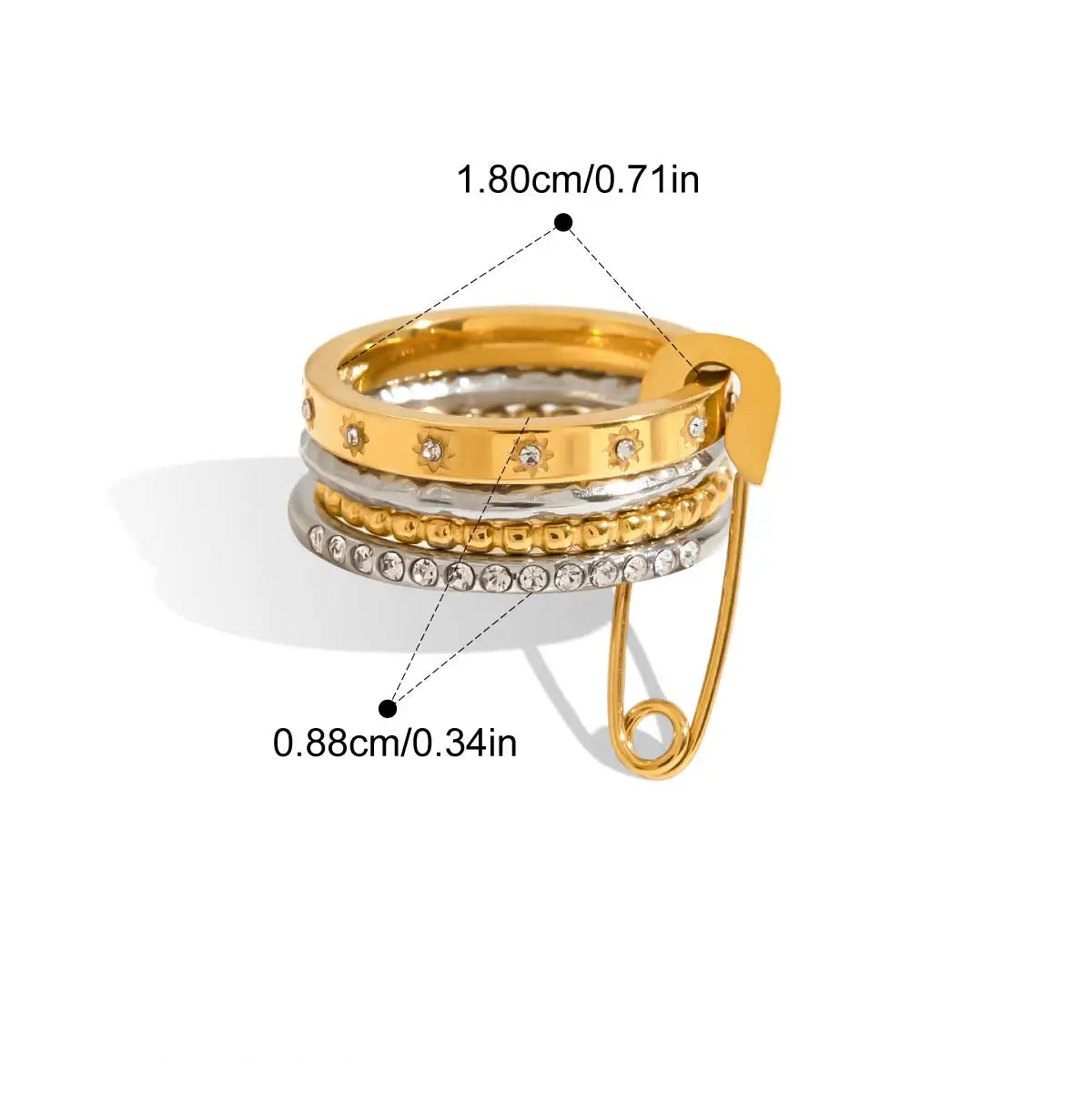 Gold and silver ring with measurements and product details on a white background