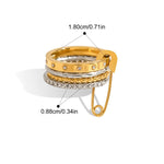Gold and silver ring with measurements and product details on a white background