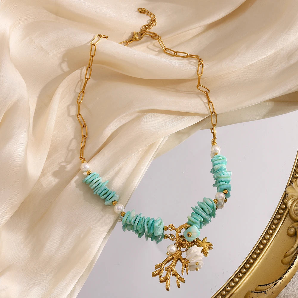Bohemian Coral Natural Stone Necklace – Waterproof 18K Gold Plated Necklace | Ezra Gems