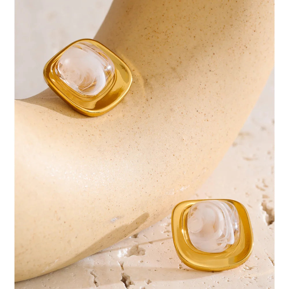 Glossy Resin Square Stud Earrings – Waterproof 18K Gold Plated Earrings | Ezra Gems