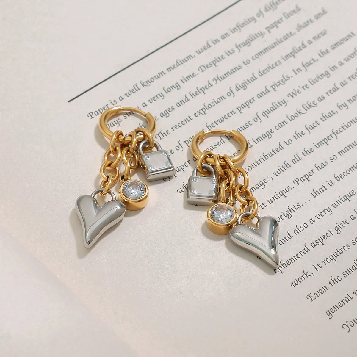 Two-Tone Zircon Heart Lock Earrings – Waterproof 18K Gold Plated Earrings | Ezra Gems