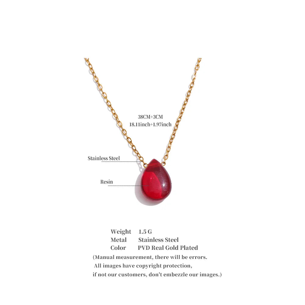 Red Resin Water Drop Pendant Necklace – Waterproof 18K Gold Plated Necklace | Ezra Gems