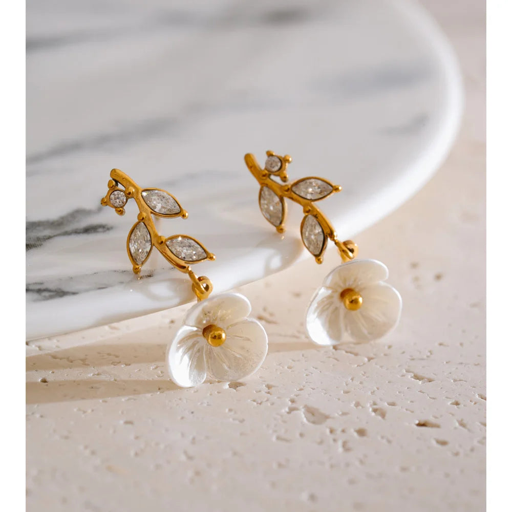 Zirconia Resin Leaf Flower Stud Earrings – Waterproof 18K Gold Plated Earrings | Ezra Gems