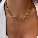 Gold chain necklace on a person wearing a white shirt