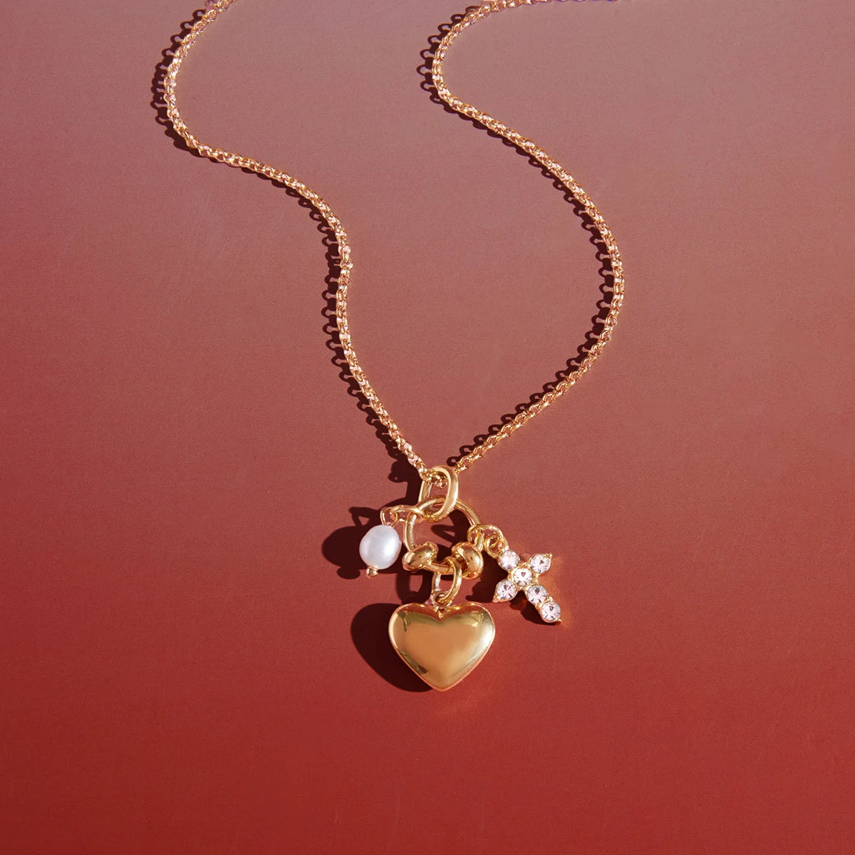 Pearl Cross Heart Pendant Necklace – Waterproof 18K Gold Plated Necklace | Ezra Gems