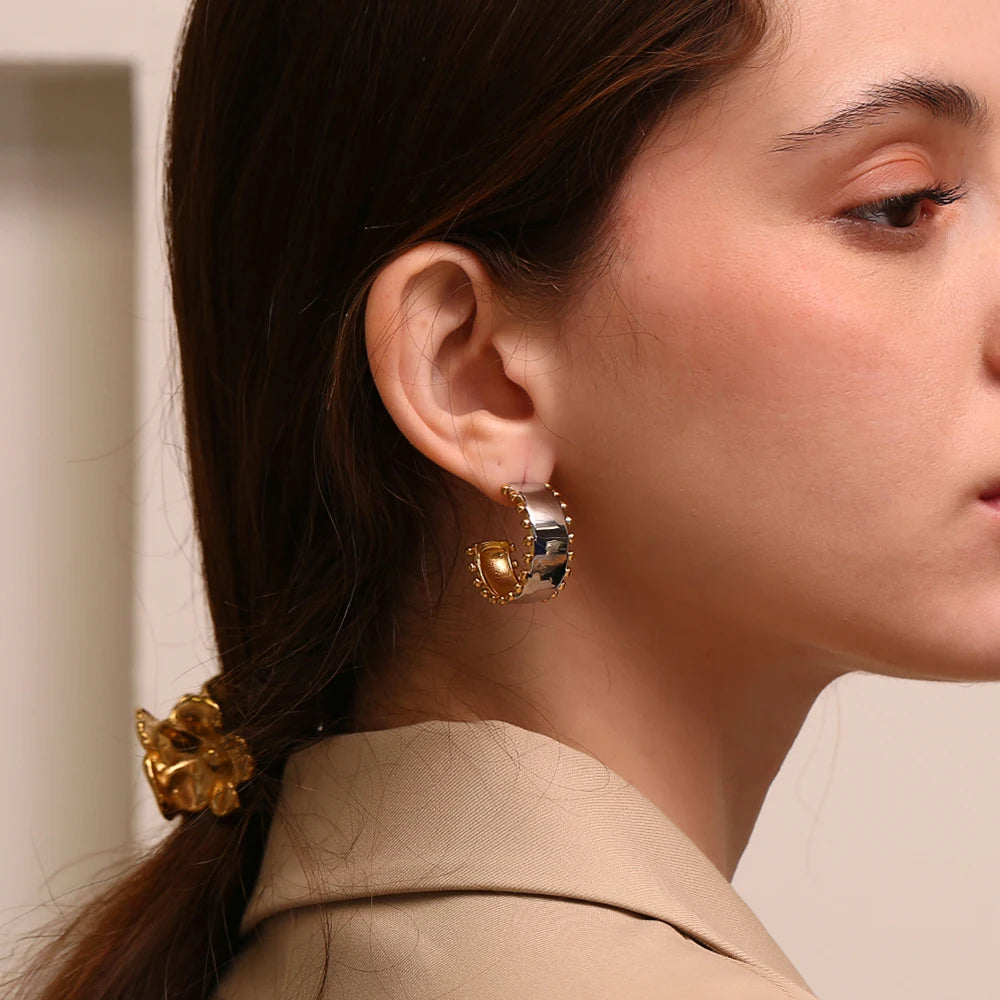 Bead Edge Smooth Mixed Metal Earrings – Waterproof 18K Gold Plated Earrings | Ezra Gems
