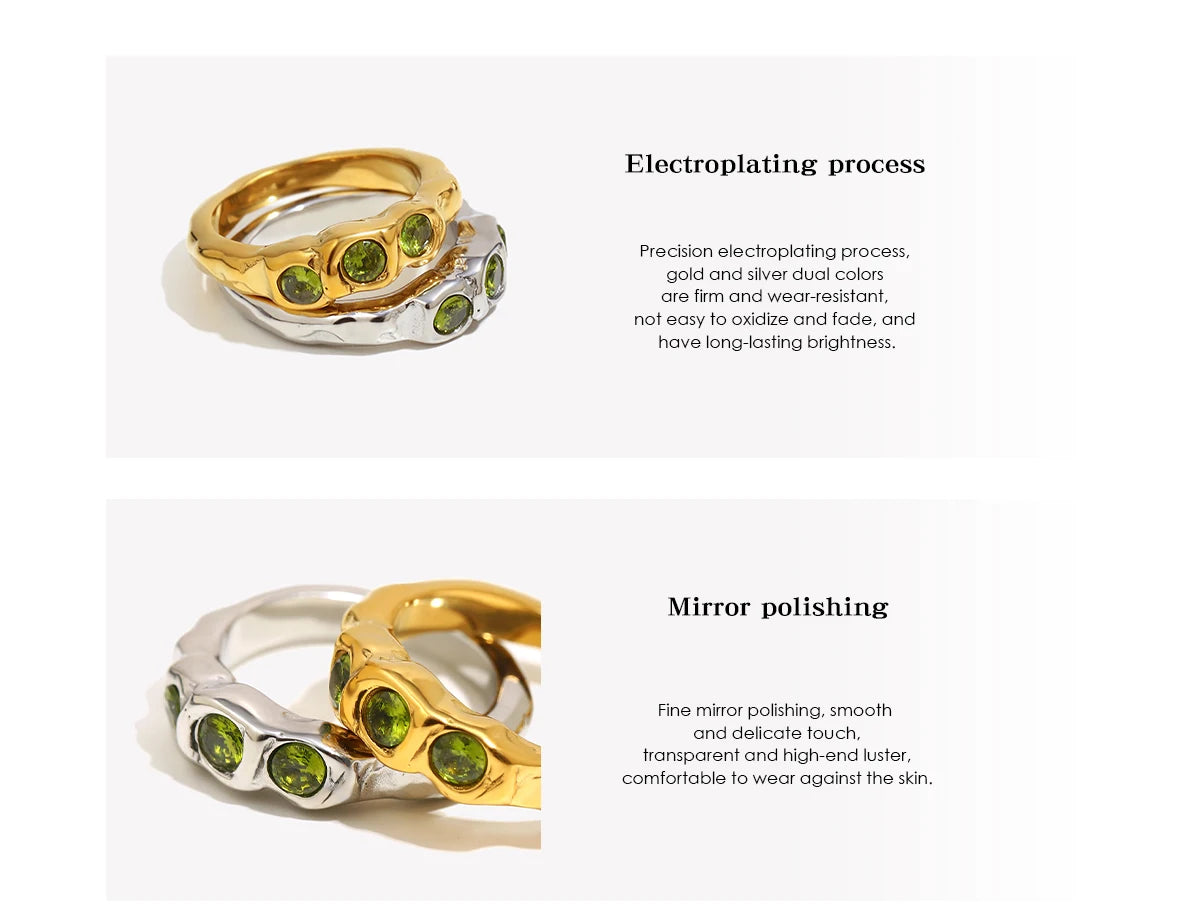 Three Stone Green Zircon Ring – Waterproof 18K Gold Plated Ring | Ezra Gems