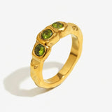 Three Stone Green Zircon Ring – Waterproof 18K Gold Plated Ring | Ezra Gems