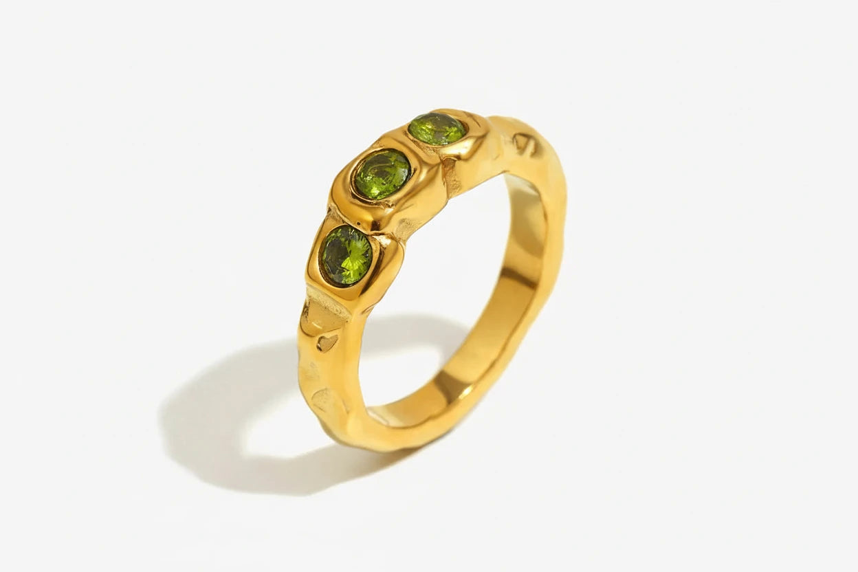 Three Stone Green Zircon Ring – Waterproof 18K Gold Plated Ring | Ezra Gems
