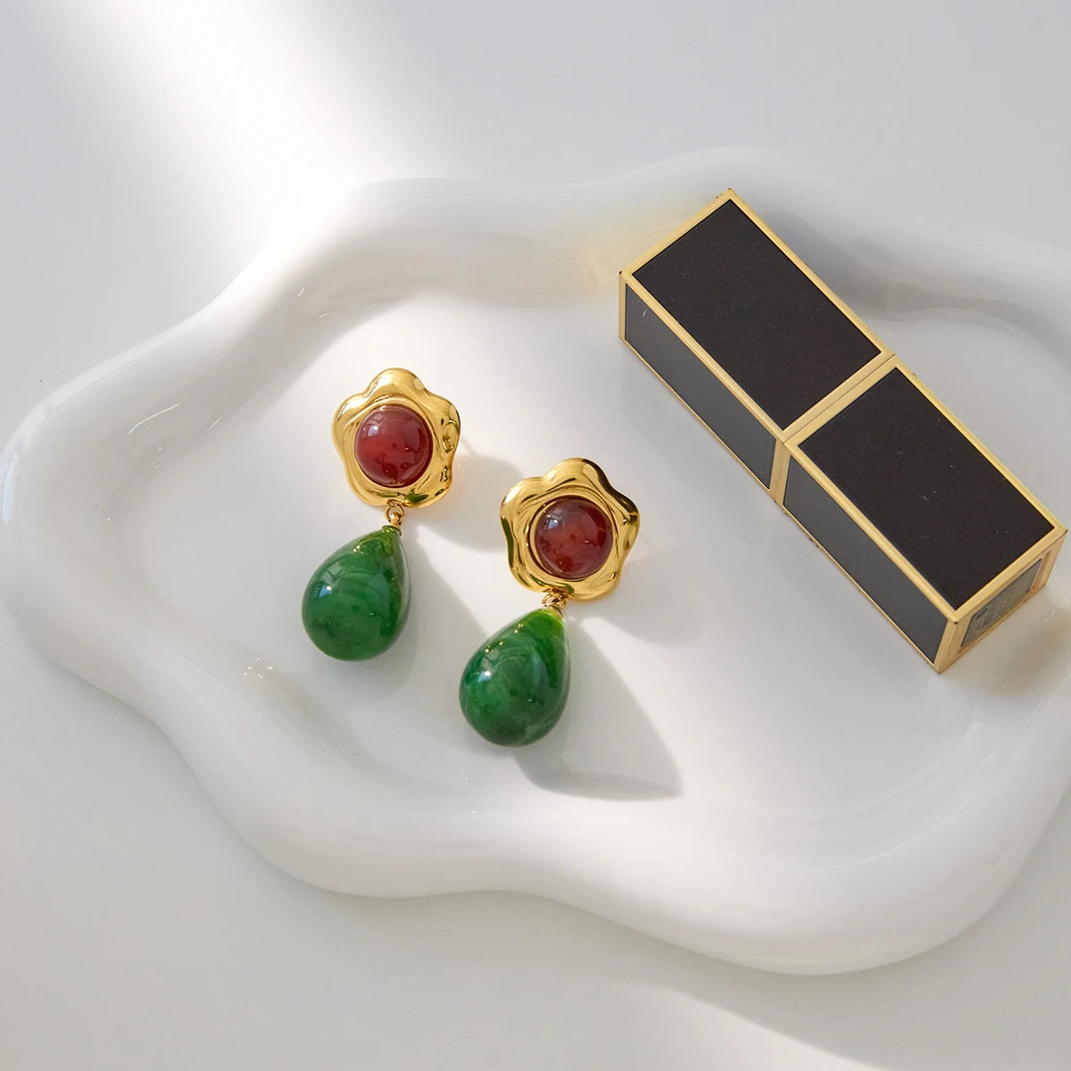 Green Resin Agate Drop Earrings – Waterproof 18K Gold Plated Earrings | Ezra Gems