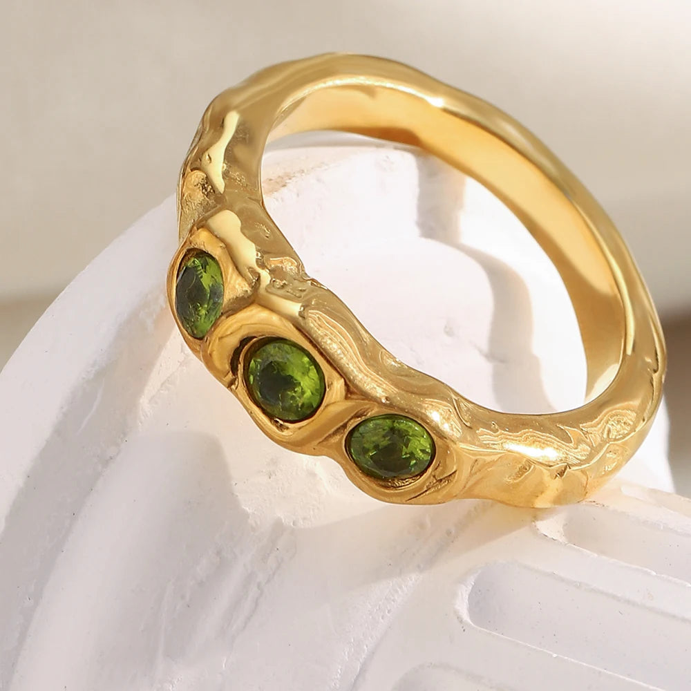 Three Stone Green Zircon Ring – Waterproof 18K Gold Plated Ring | Ezra Gems
