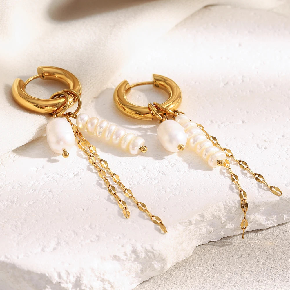 Freshwater Pearl Chain Tassel Earrings – Waterproof 18K Gold Plated Earrings | Ezra Gems