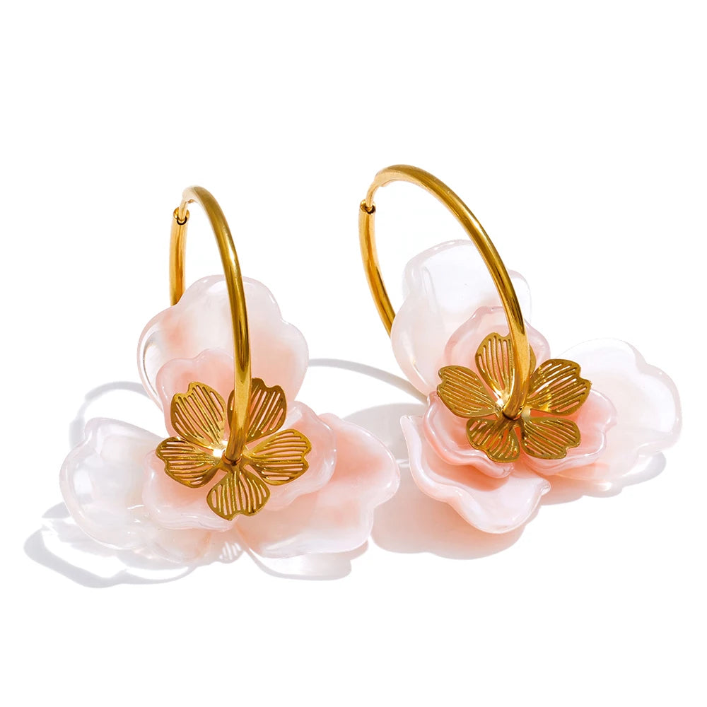 Resin Flower Charm Hoop Earrings – Waterproof 18K Gold Plated Earrings | Ezra Gems