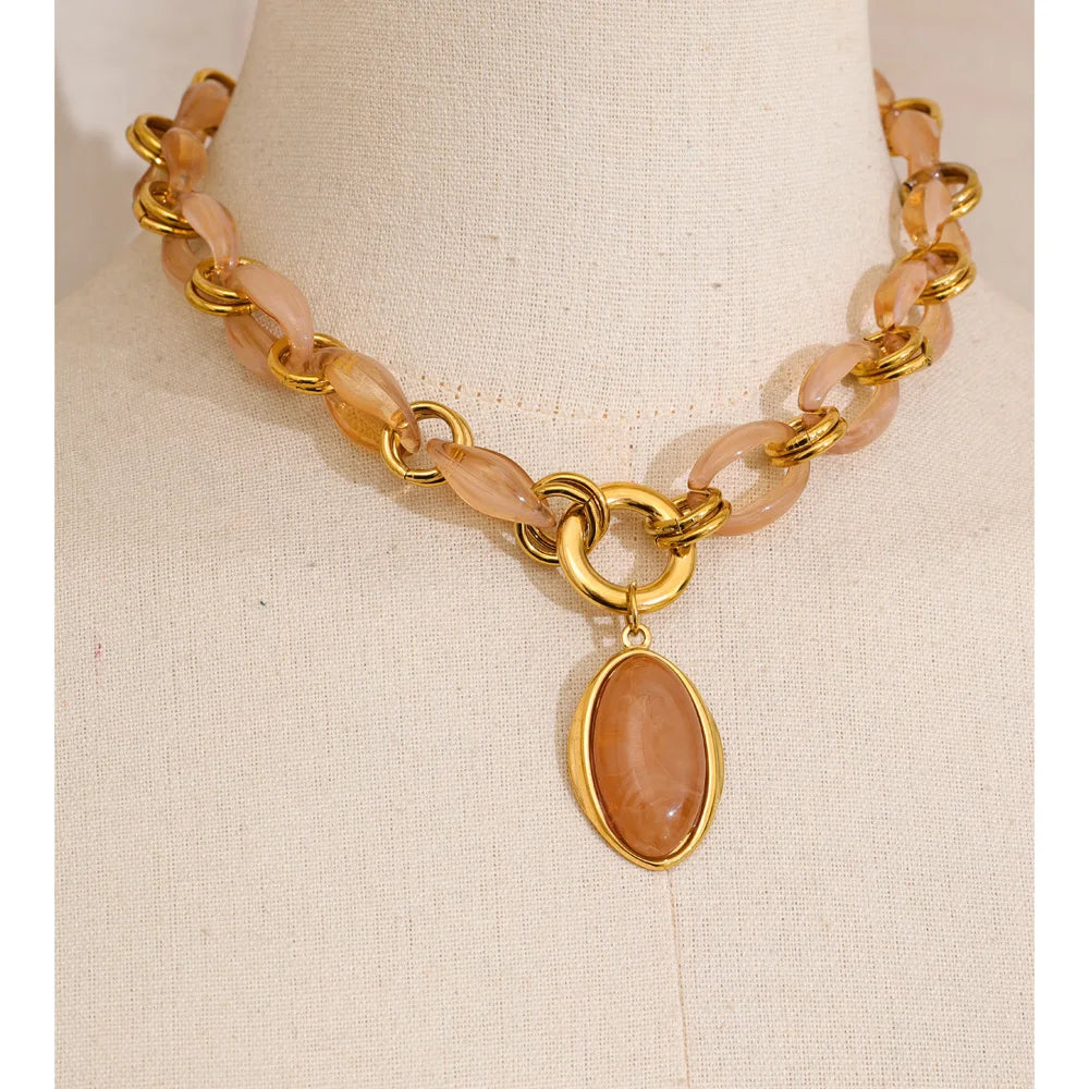 Resin Oval Pendant Chain Necklace – Waterproof 18K Gold Plated Necklace | Ezra Gems