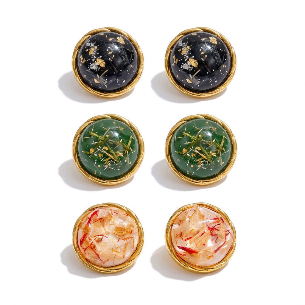 Round Resin Gold Stud Earrings – Waterproof 18K Gold Plated Earrings | Ezra Gems