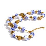 Blue Ceramic Flower Bead Necklace