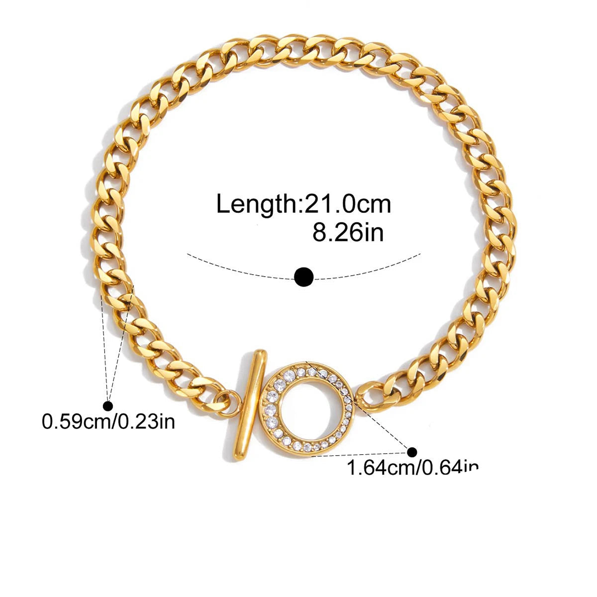 Gold chain bracelet with measurements and product details on a white background