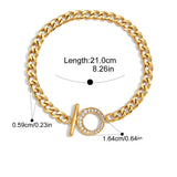 Gold chain bracelet with measurements and product details on a white background