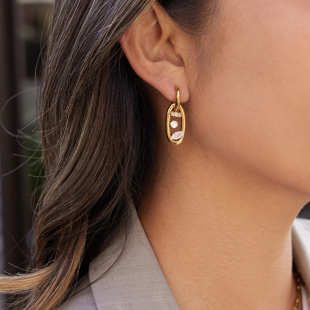 Minimalist Geometric Zircon Drop Earrings – Waterproof 18K Gold Plated Earrings | Ezra Gems