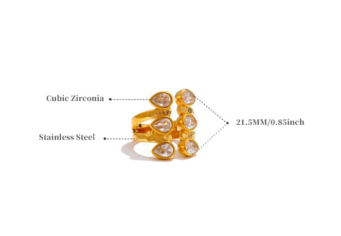 Gold ring with cubic zirconia stones on a white background