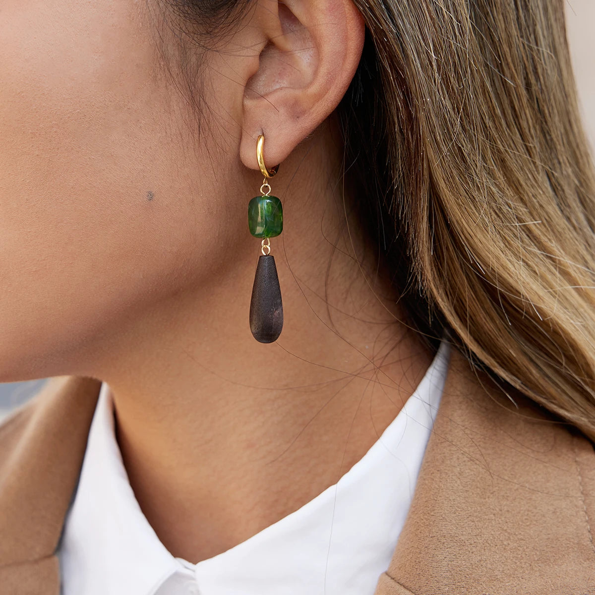 Wooden Water Drop Resin Earrings – Waterproof 18K Gold Plated Earrings | Ezra Gems