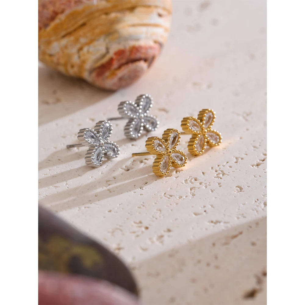Cubic Zirconia Flower Stud Earrings – Waterproof 18K Gold Plated Earrings | Ezra Gems