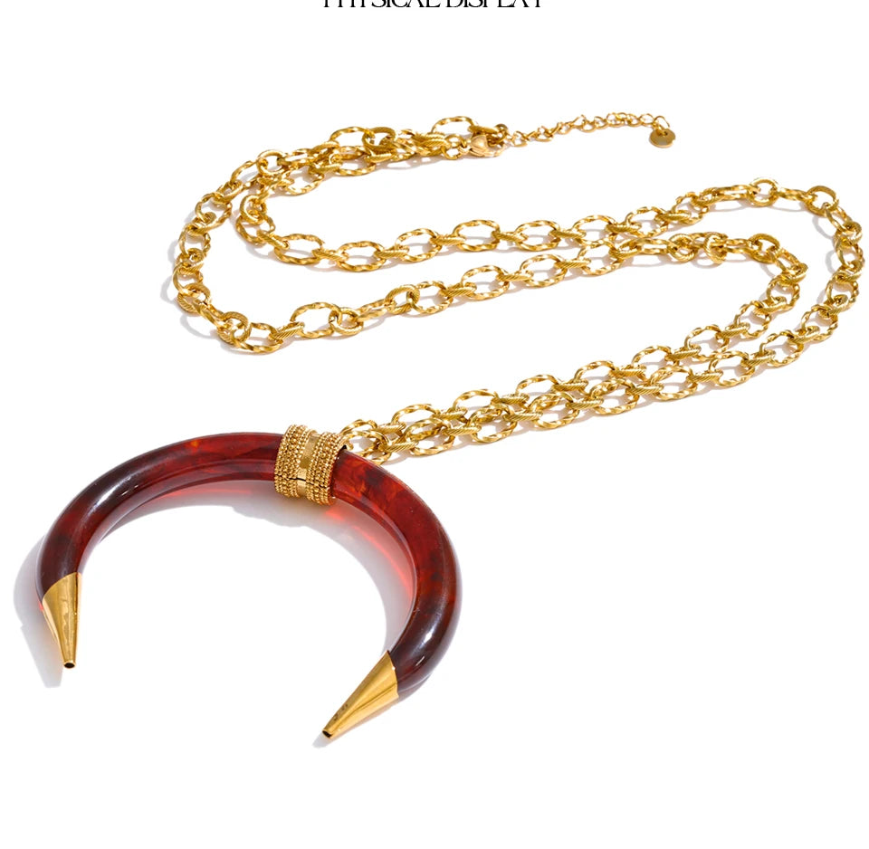 Resin Horn Pendant Long Necklace – Waterproof 18K Gold Plated Necklace | Ezra Gems