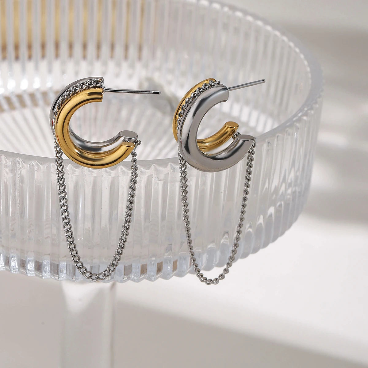 Two-Tone Chain Drape Cuff Earrings – Waterproof 18K Gold Plated Earrings | Ezra Gems