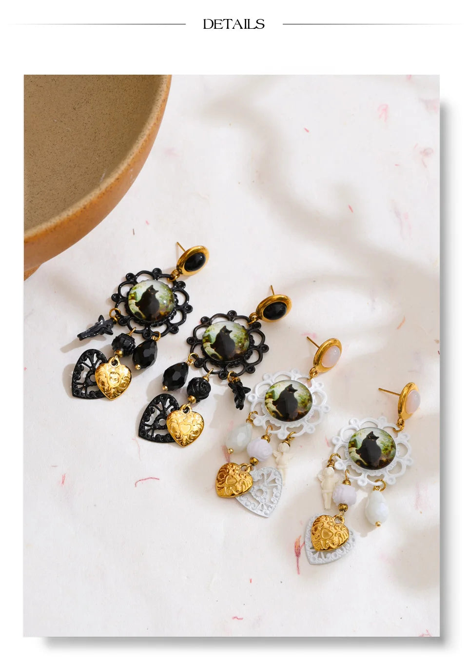 Acrylic Crystal Cat Heart Drop Earrings – Waterproof 18K Gold Plated Earrings | Ezra Gems