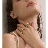 Green Enamel Pearl Flower Ring