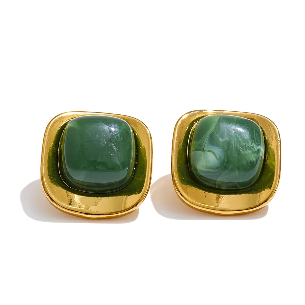 Glossy Resin Square Stud Earrings – Waterproof 18K Gold Plated Earrings | Ezra Gems