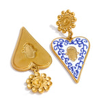 Blue Enamel Heart Drop Earrings