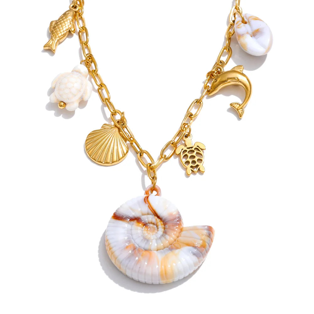 Shell Resin Ocean Charm Pendant Necklace – Waterproof 18K Gold Plated Necklace | Ezra Gems