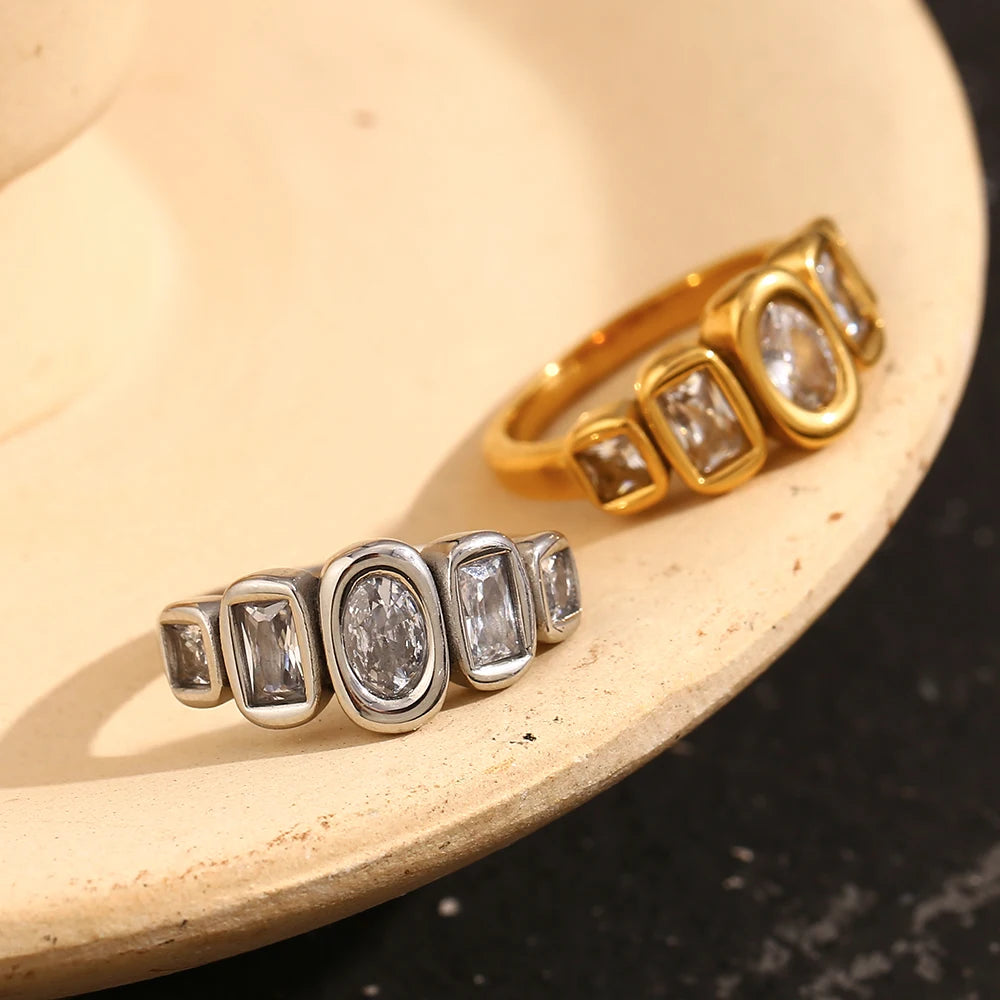 Geometric Clear Zircon Ring – Waterproof 18K Gold Plated Ring | Ezra Gems