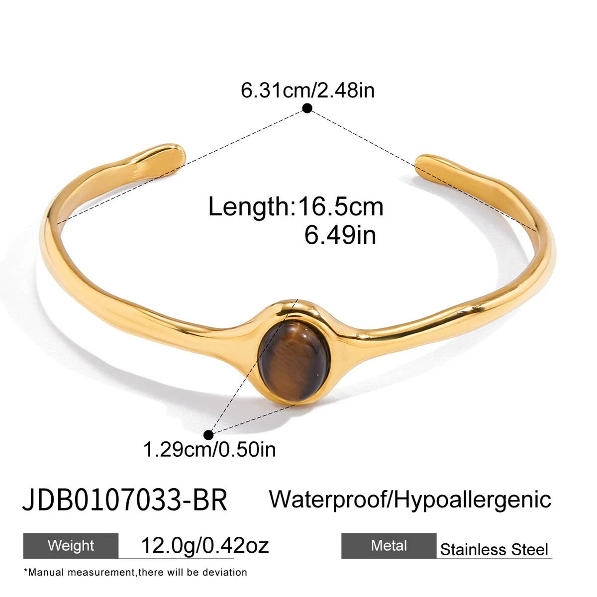 Oval Tiger Eye Stone Cuff Bangle – Waterproof 18K Gold Plated Bracelet | Ezra Gems