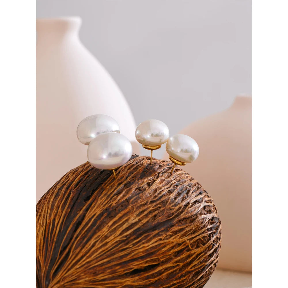 Simulated Pearl Round Stud Earrings – Waterproof 18K Gold Plated Earrings | Ezra Gems