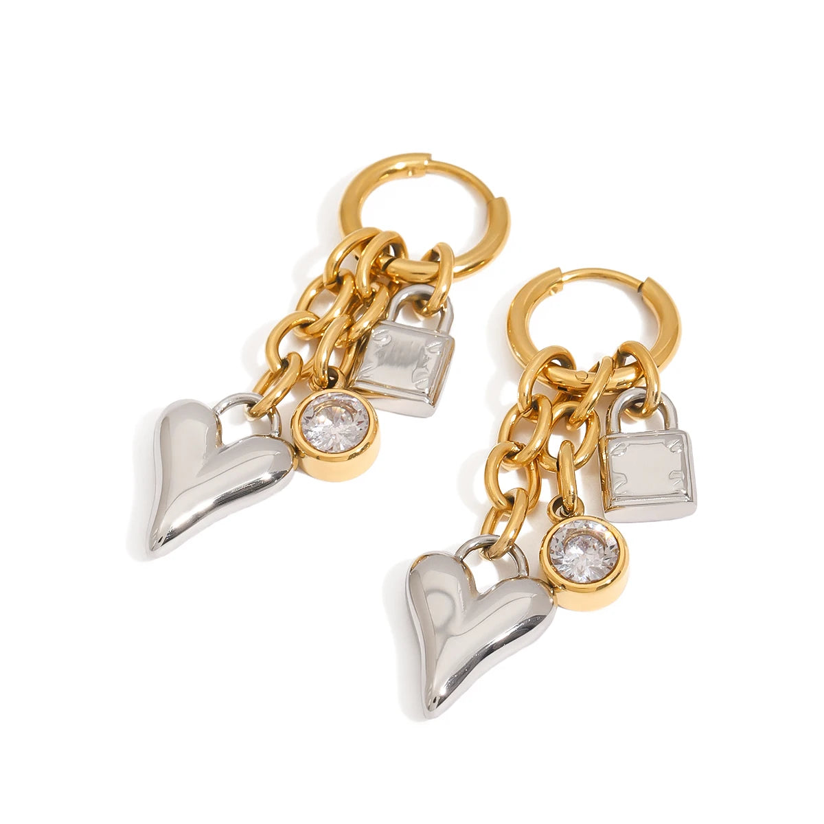 Two-Tone Zircon Heart Lock Earrings – Waterproof 18K Gold Plated Earrings | Ezra Gems