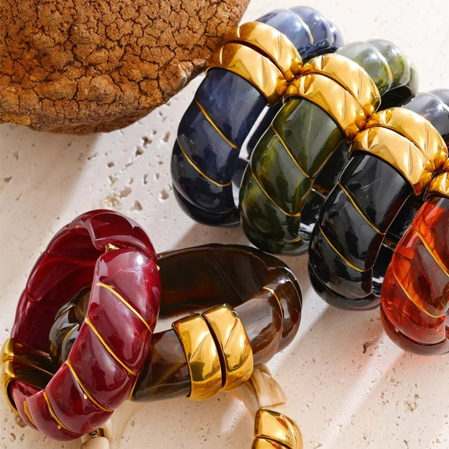 Resin Acrylic Wide Statement Bangle – Waterproof 18K Gold Plated Bracelet | Ezra Gems