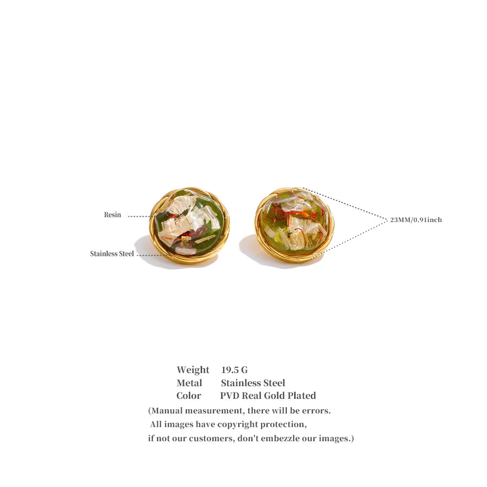 Round Resin Gold Stud Earrings – Waterproof 18K Gold Plated Earrings | Ezra Gems