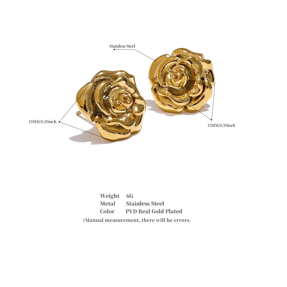 Gold rose-shaped earrings with technical details on a white background