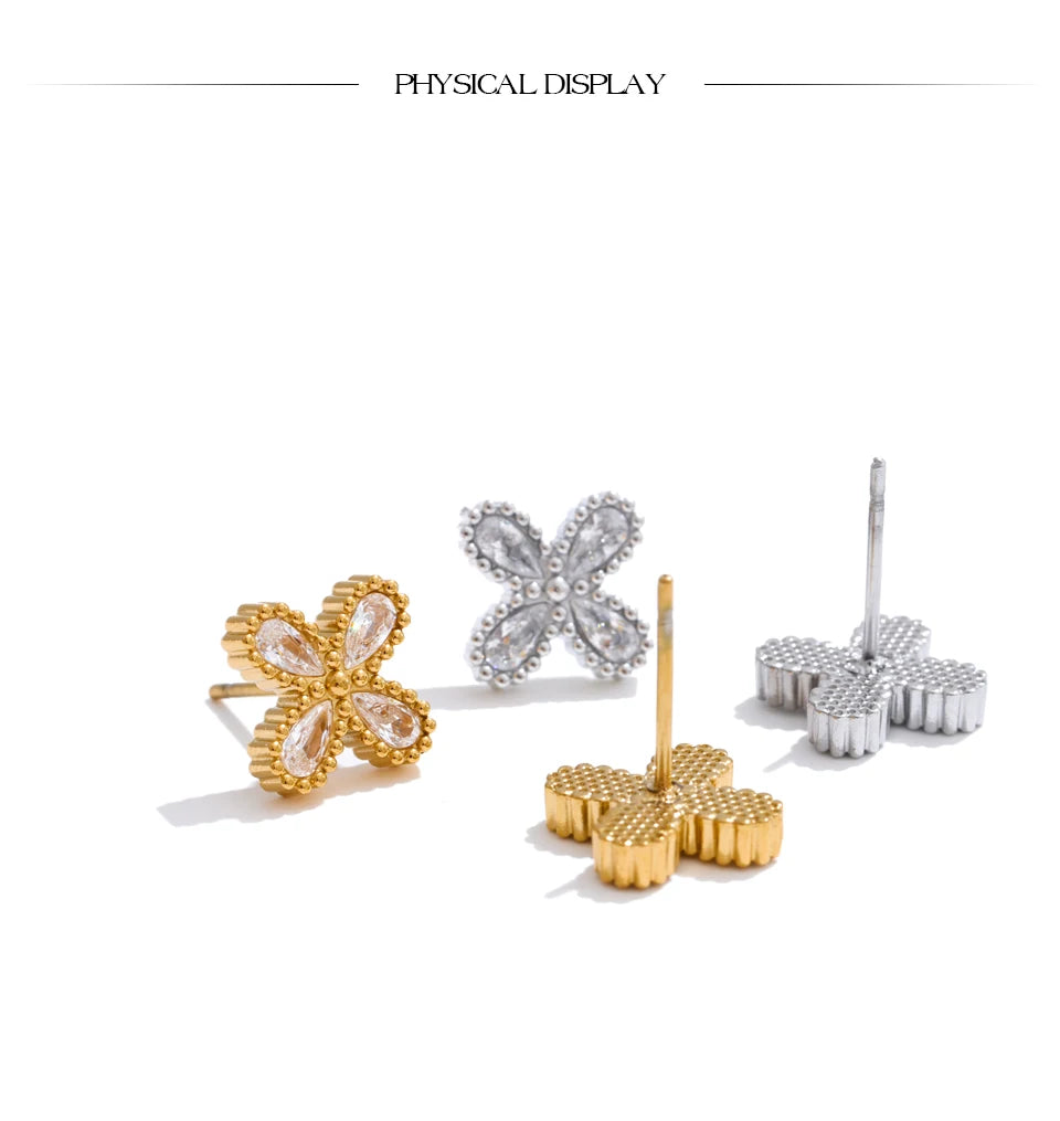 Cubic Zirconia Flower Stud Earrings – Waterproof 18K Gold Plated Earrings | Ezra Gems