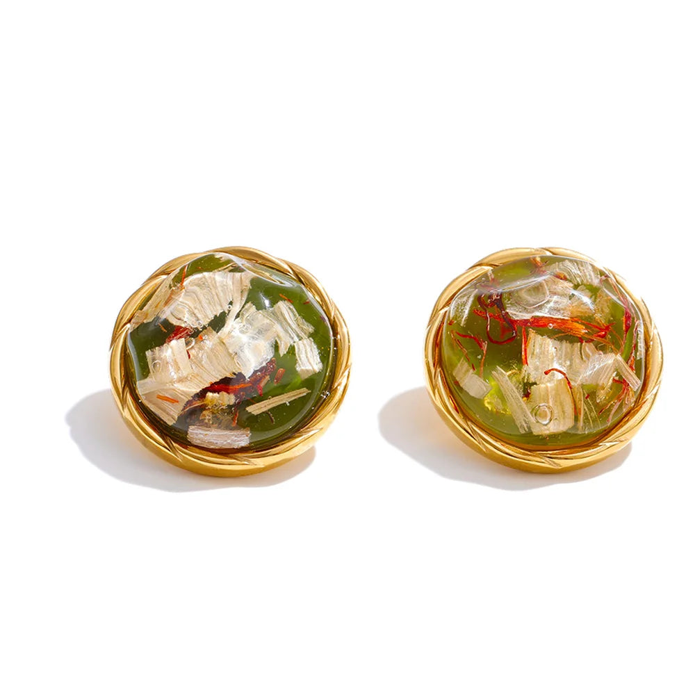 Round Resin Gold Stud Earrings – Waterproof 18K Gold Plated Earrings | Ezra Gems