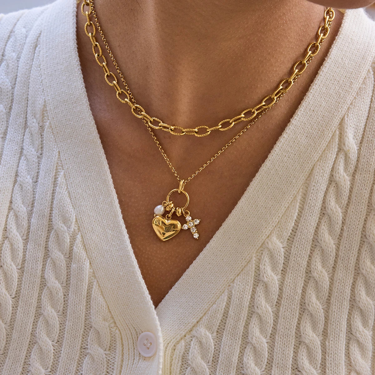 Pearl Cross Heart Pendant Necklace – Waterproof 18K Gold Plated Necklace | Ezra Gems