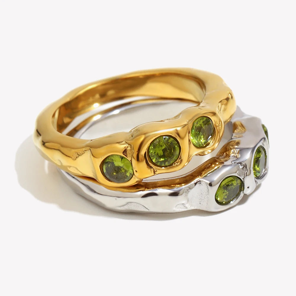 Three Stone Green Zircon Ring – Waterproof 18K Gold Plated Ring | Ezra Gems
