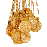 Gold coin zodiac vintage pendant necklaces with chains on a white background