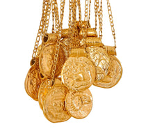 Gold coin zodiac vintage pendant necklaces with chains on a white background