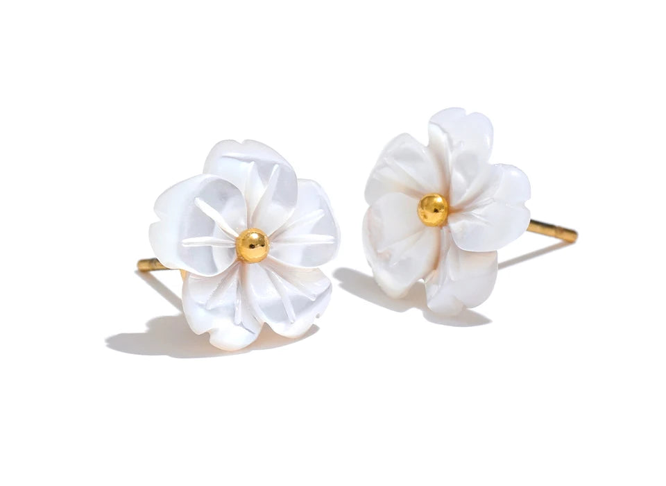 Natural Shell Flower Stud Earrings – Waterproof 18K Gold Plated Earrings | Ezra Gems