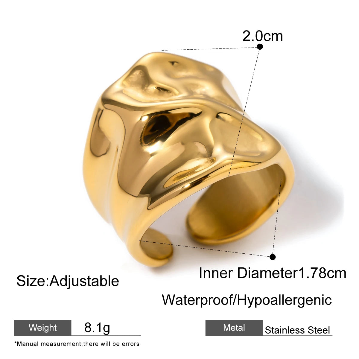 Hammered Texture Wide Open Ring – Waterproof 18K Gold Plated Ring | Ezra Gems