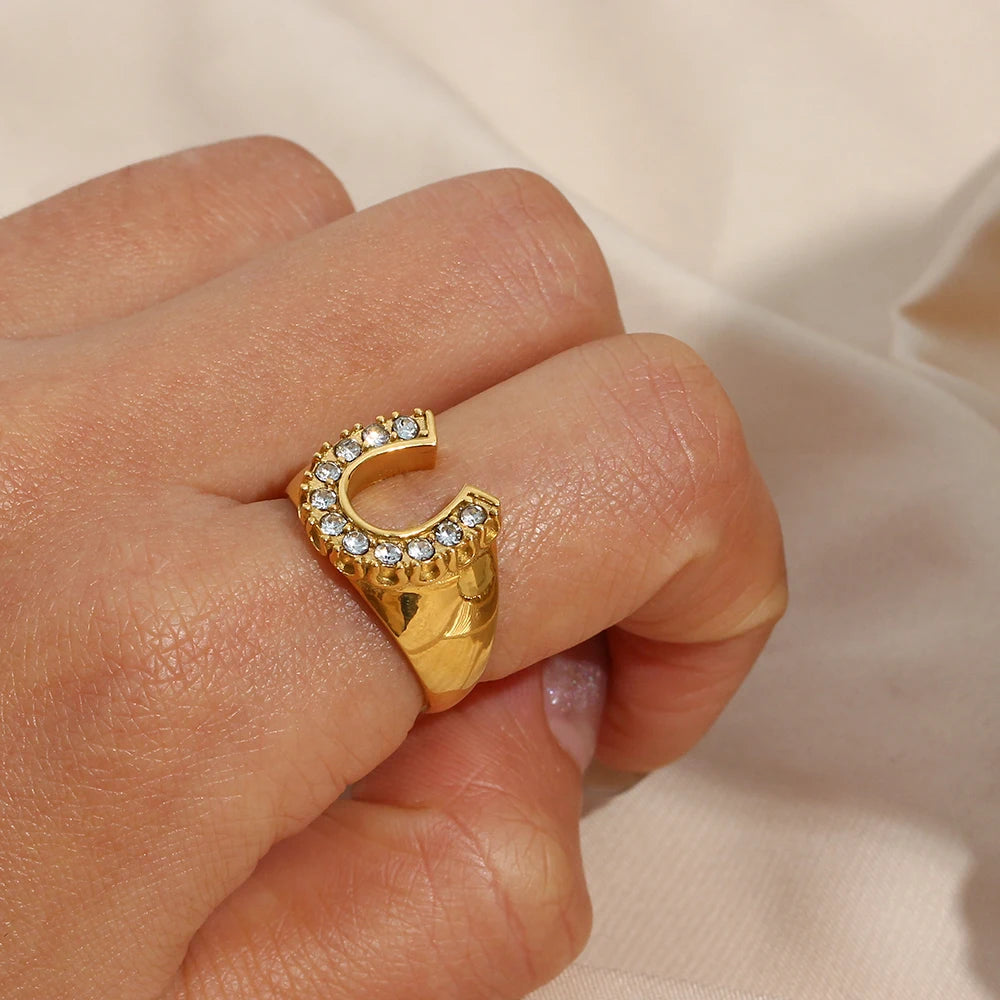 Crystal Pave U Initial Ring – Waterproof 18K Gold Plated Ring | Ezra Gems