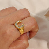 Crystal Pave U Initial Ring – Waterproof 18K Gold Plated Ring | Ezra Gems